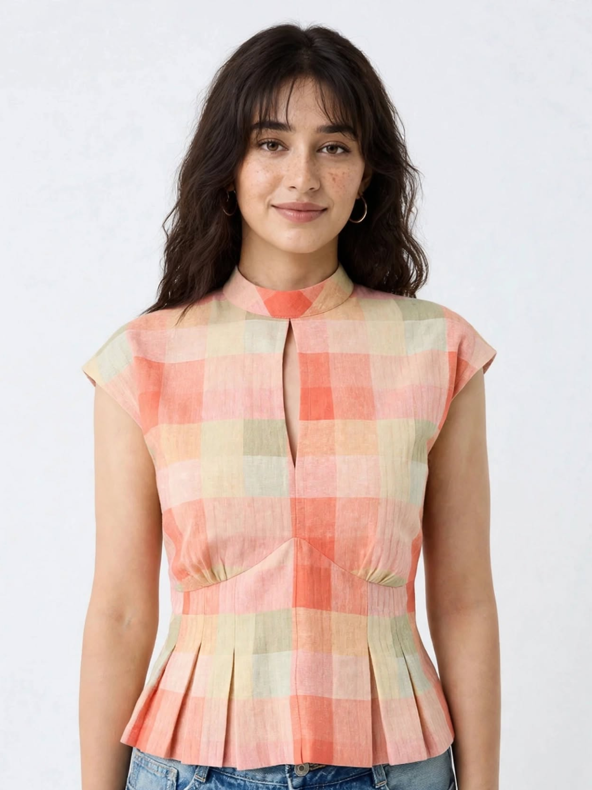 Peach Pastel Check Peplum Top - Keyhole High Neck Cotton Top