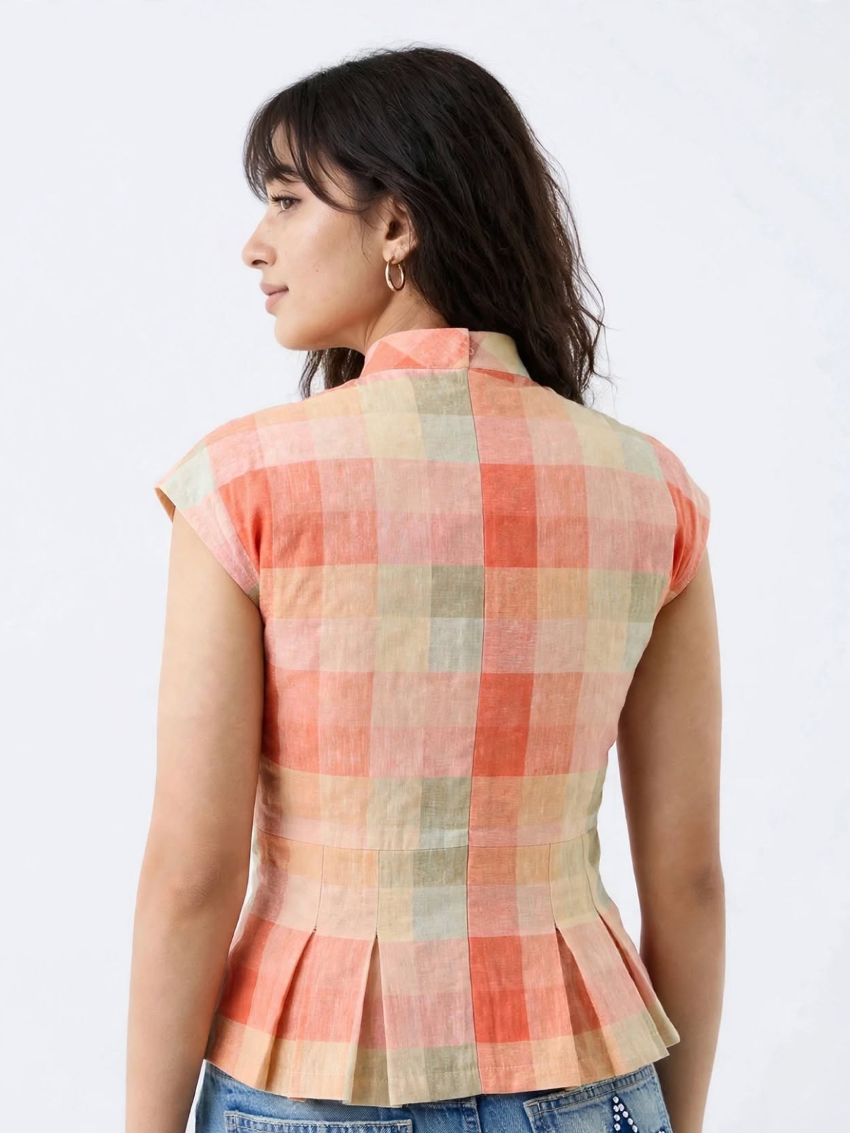 Peach Pastel Check Peplum Top - Keyhole High Neck Cotton Top