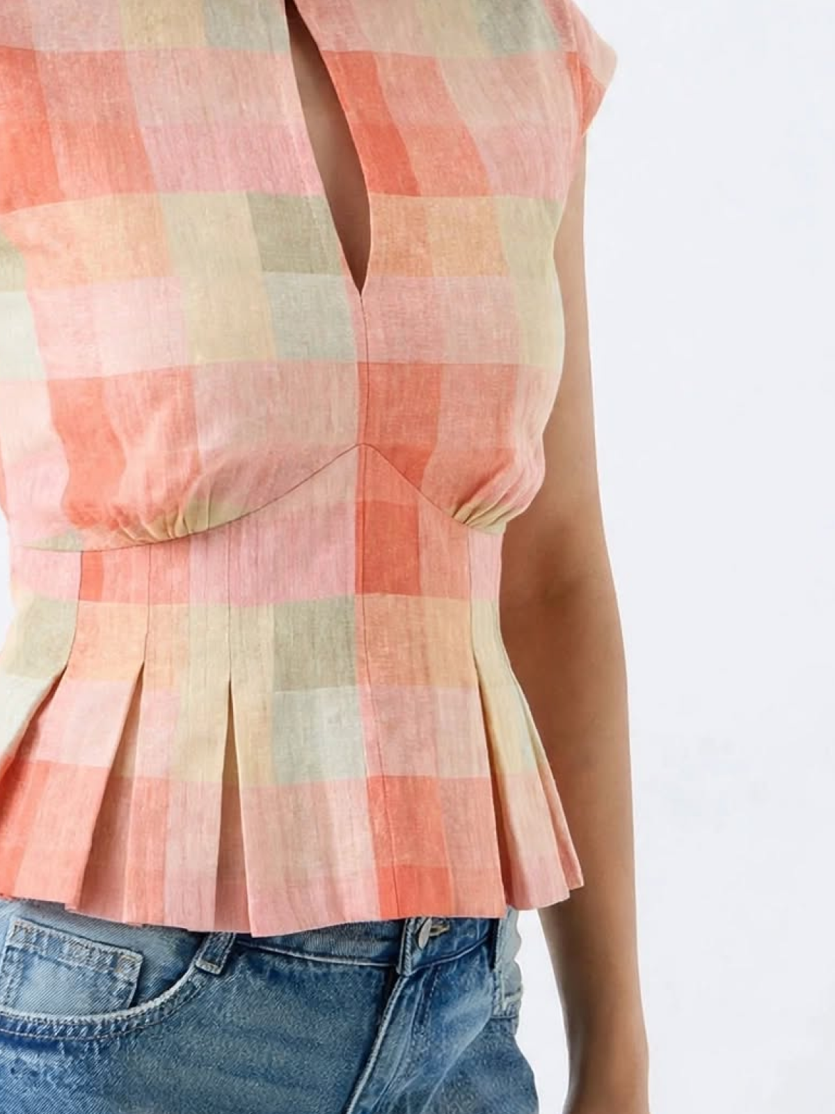 Peach Pastel Check Peplum Top - Keyhole High Neck Cotton Top