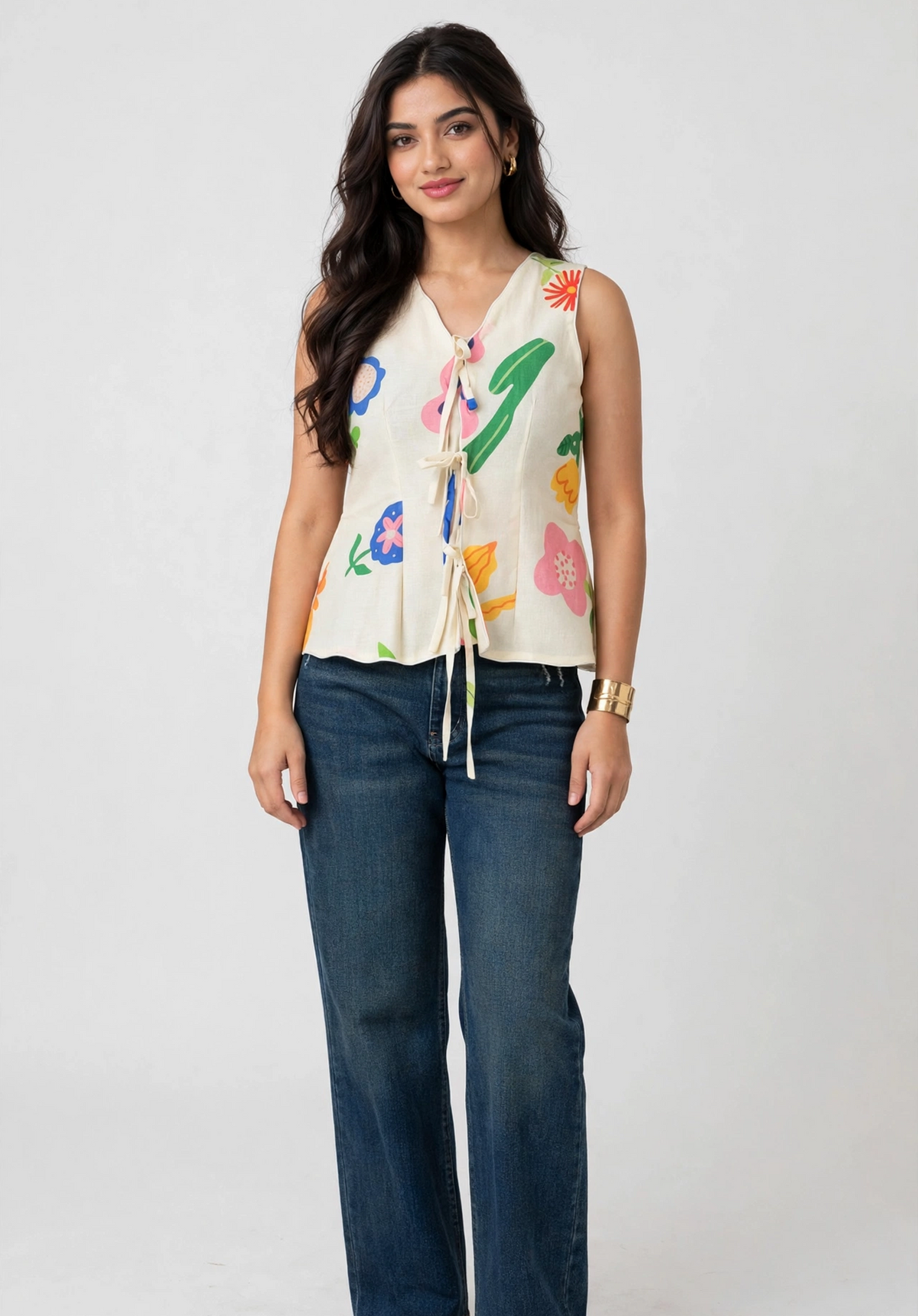 Bloom Pop Tie-Up Cotton Top - Sleeveless Floral Peplum Top for Women