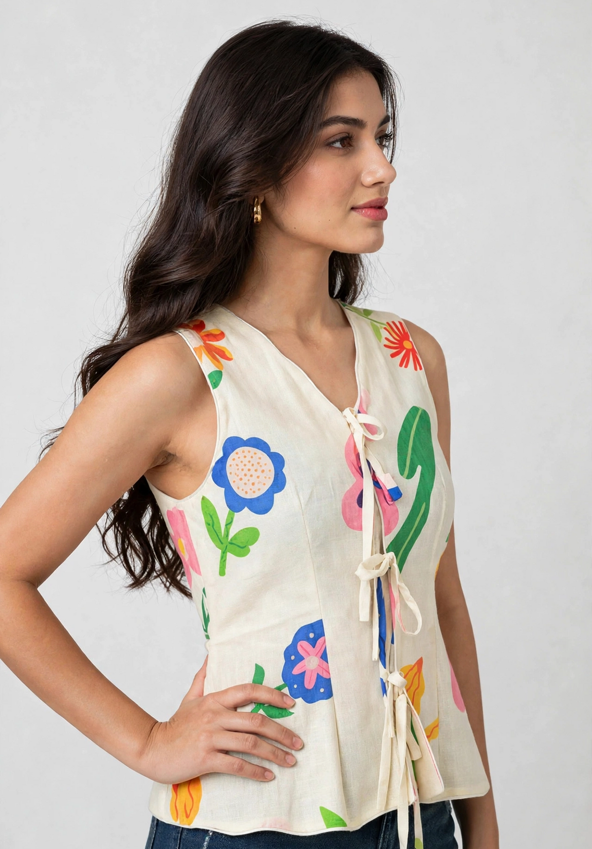 Bloom Pop Tie-Up Cotton Top - Sleeveless Floral Peplum Top for Women