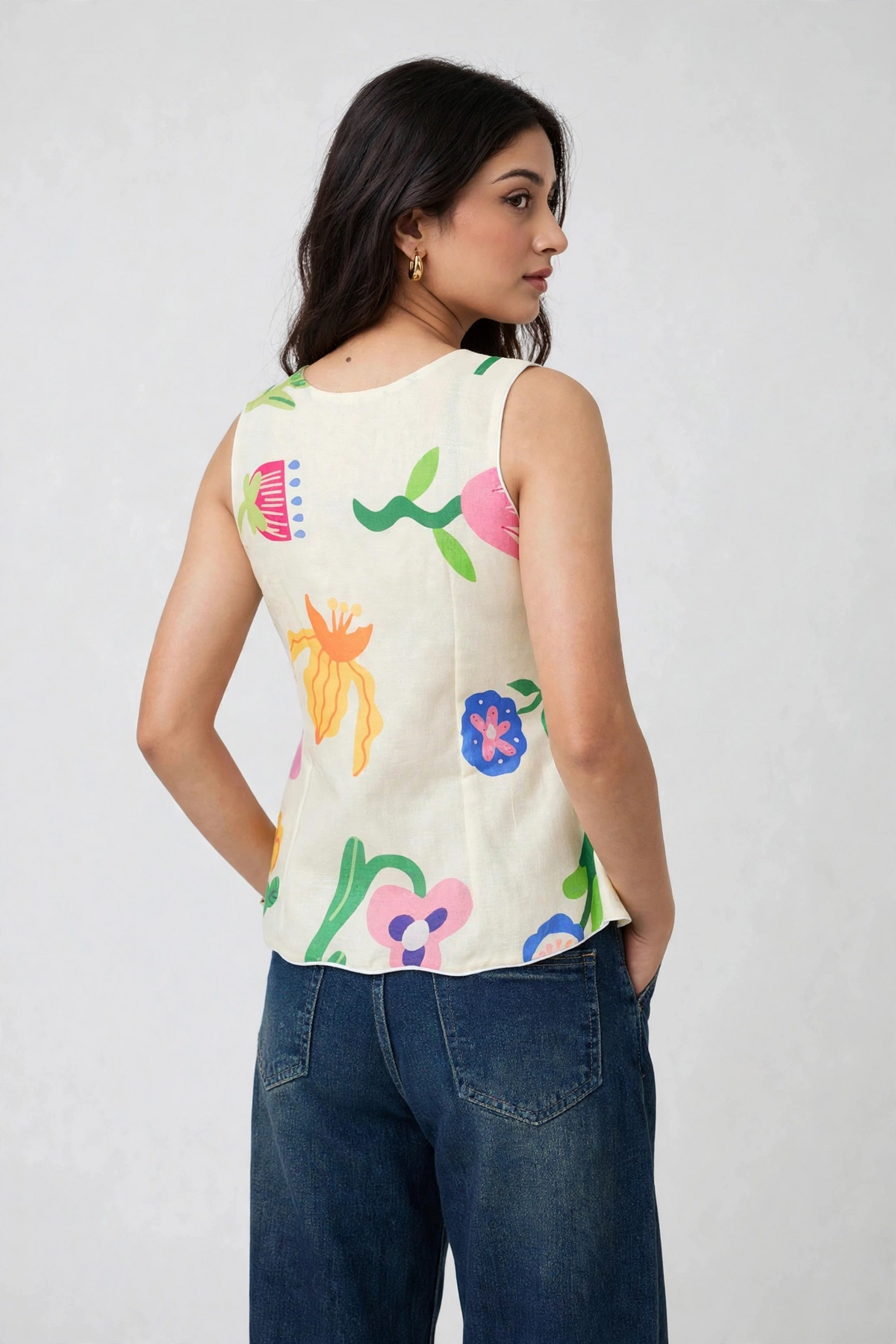 Bloom Pop Tie-Up Cotton Top - Sleeveless Floral Peplum Top for Women