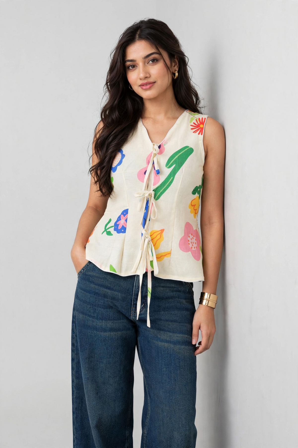 Bloom Pop Tie-Up Cotton Top - Sleeveless Floral Peplum Top for Women