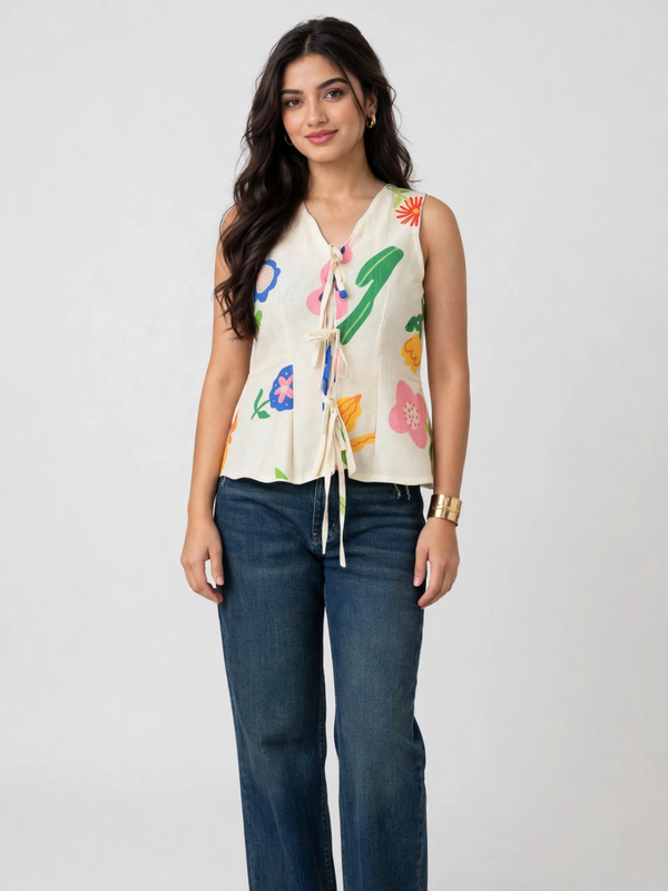 Bloom Pop Tie-Up Cotton Top - Sleeveless Floral Peplum Top for Women