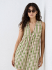 Picture of Green Pink Gingham Mini Dress - V-Neck Bubble Hem Cotton Dress