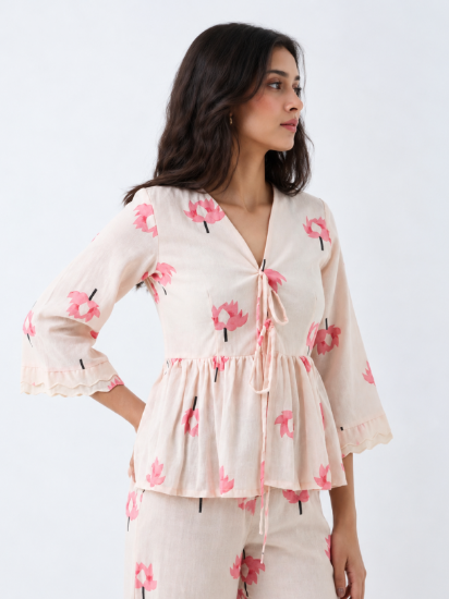 Picture of Pink Lotus Tie-Front Peplum Top - Cotton Bell Sleeve Top for Women