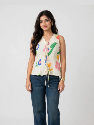 Picture of Bloom Pop Sleeveless Floral Cotton Tie-Up Top for Women