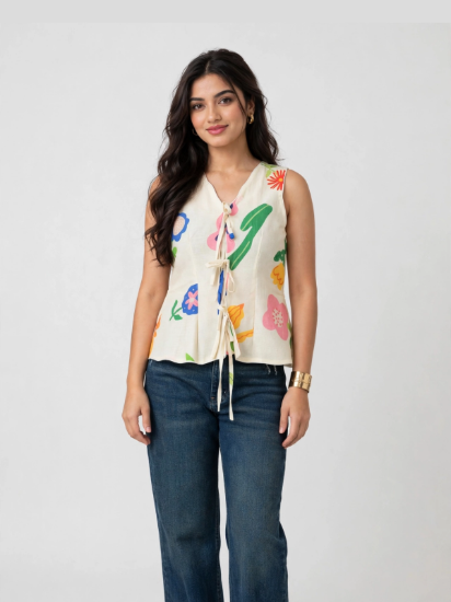 Picture of Bloom Pop Sleeveless Floral Cotton Tie-Up Top for Women